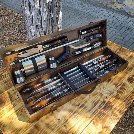 Camping Accessories BBQ Skewers Set in a Wooden Case - 7 items