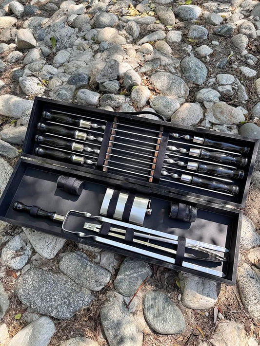 BBQ Skewers Set Best Gift for men in Black Wooden Case