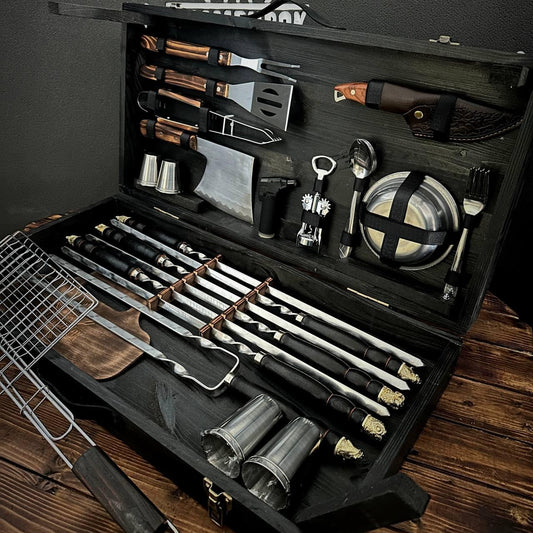 Gift Set of Skewers with Cast Metal Decor in a Wooden Case-Table “Boar”