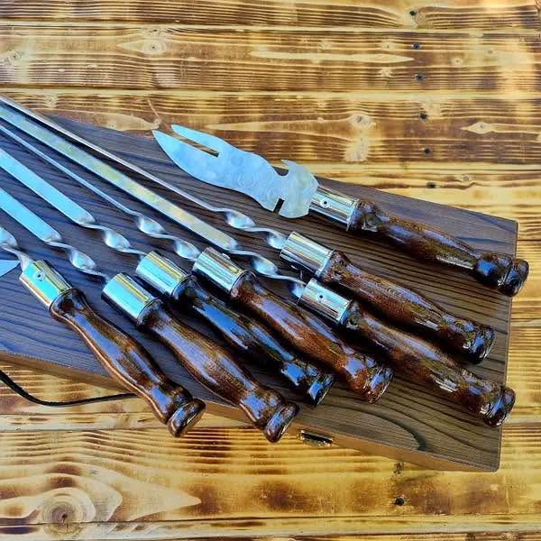 Camping Accessories BBQ Skewers Set in a Wooden Case - 7 items