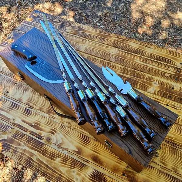 Camping Accessories BBQ Skewers Set in a Wooden Case - 7 items
