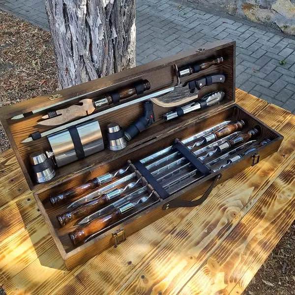 Camping Accessories BBQ Skewers Set in a Wooden Case - 7 items