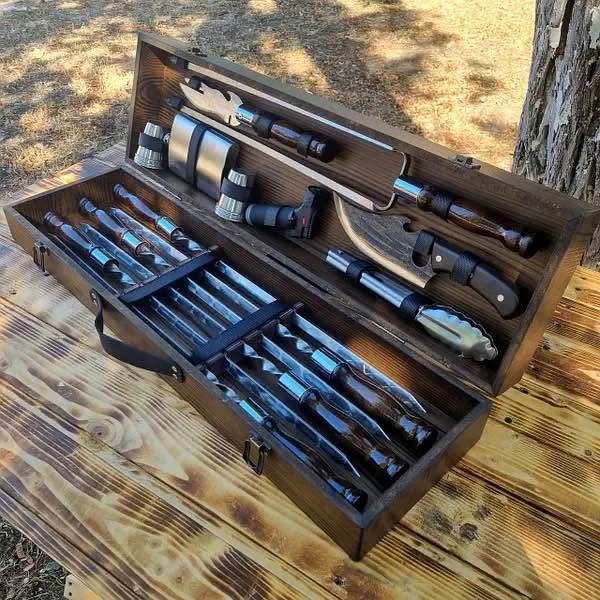 Camping Accessories BBQ Skewers Set in a Wooden Case - 7 items