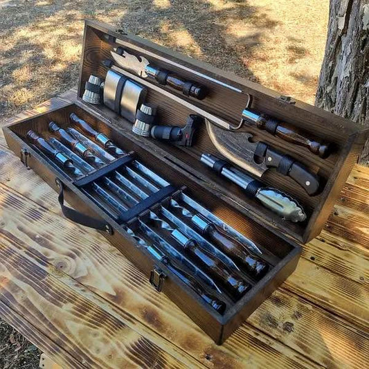 Camping Accessories BBQ Skewers Set in a Wooden Case - 7 items