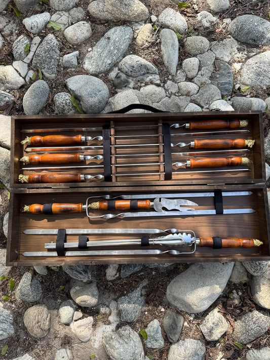 Camping Premium Accessories BBQ Skewers Set in a Wooden Case - 10 items