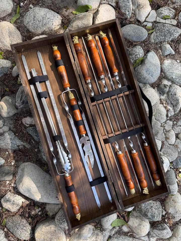 Camping Premium Accessories BBQ Skewers Set in a Wooden Case - 10 items