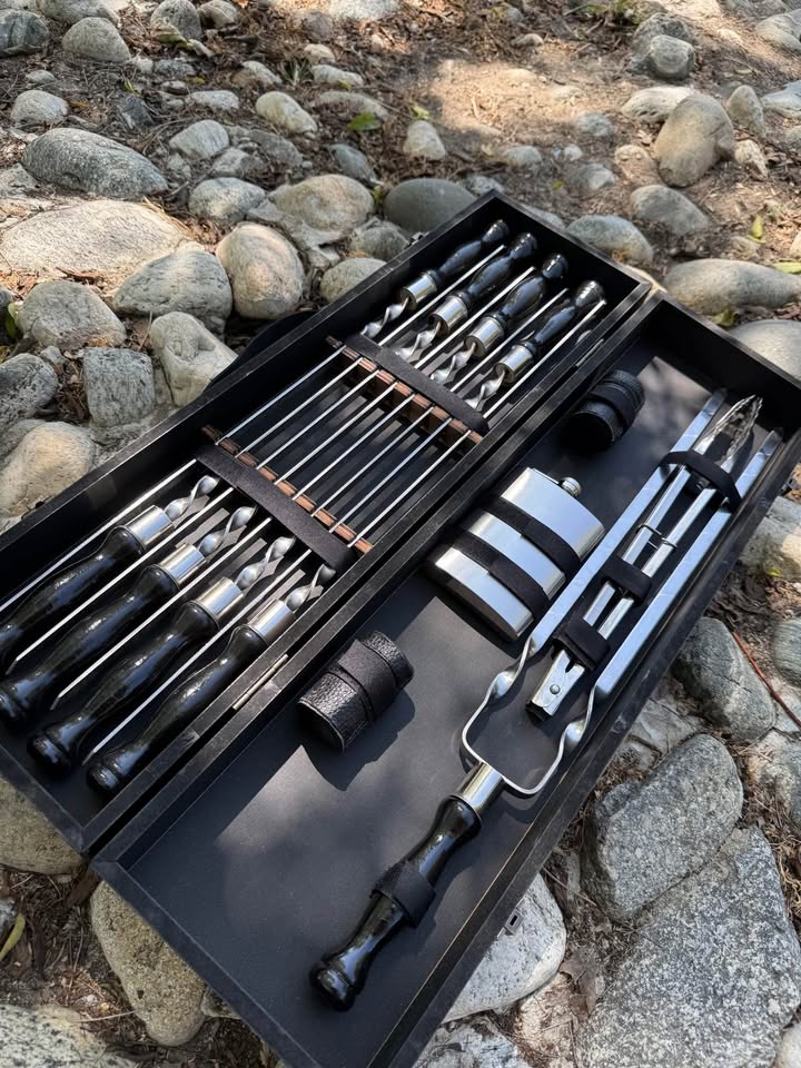 BBQ Skewers Set Best Gift for men in Black Wooden Case