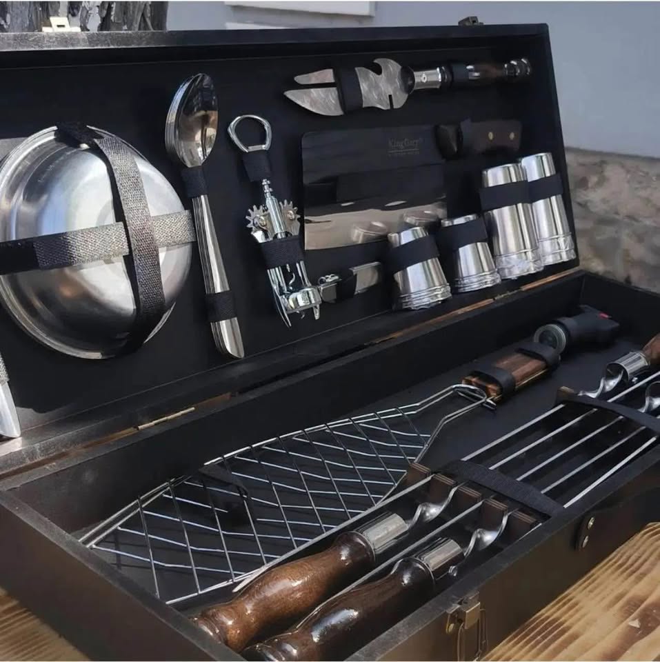 Camping Accessories BBQ Skewers Set in a Wood Case - 7 items