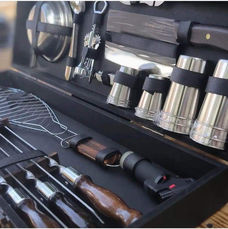 Camping Accessories BBQ Skewers Set in a Wood Case - 7 items