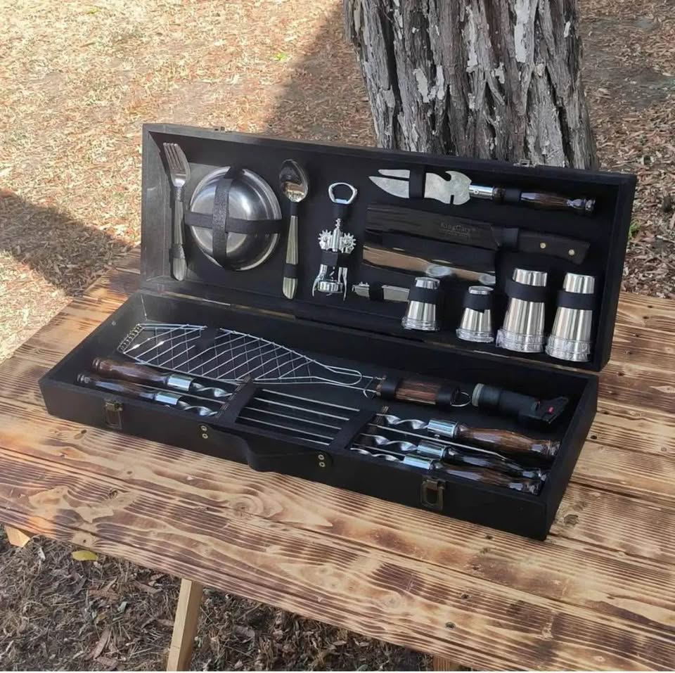 Camping Accessories BBQ Skewers Set in a Wood Case - 7 items