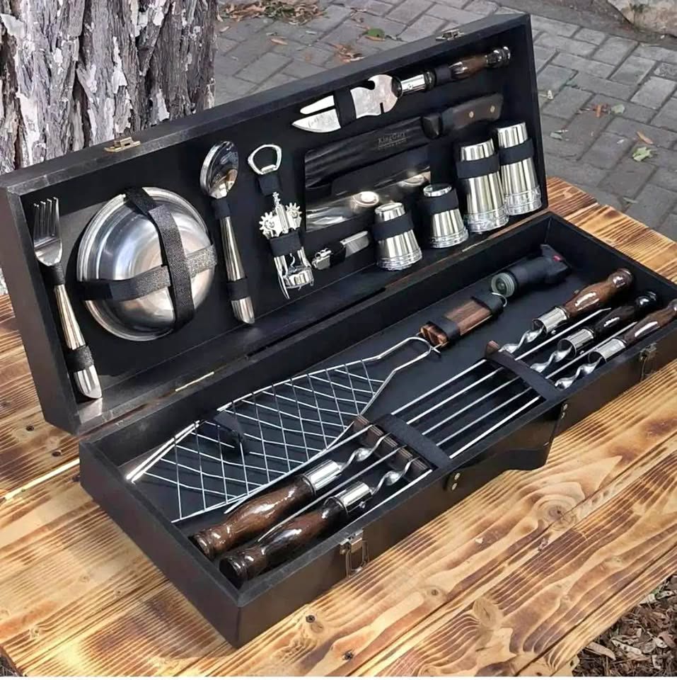 Camping Accessories BBQ Skewers Set in a Wood Case - 7 items