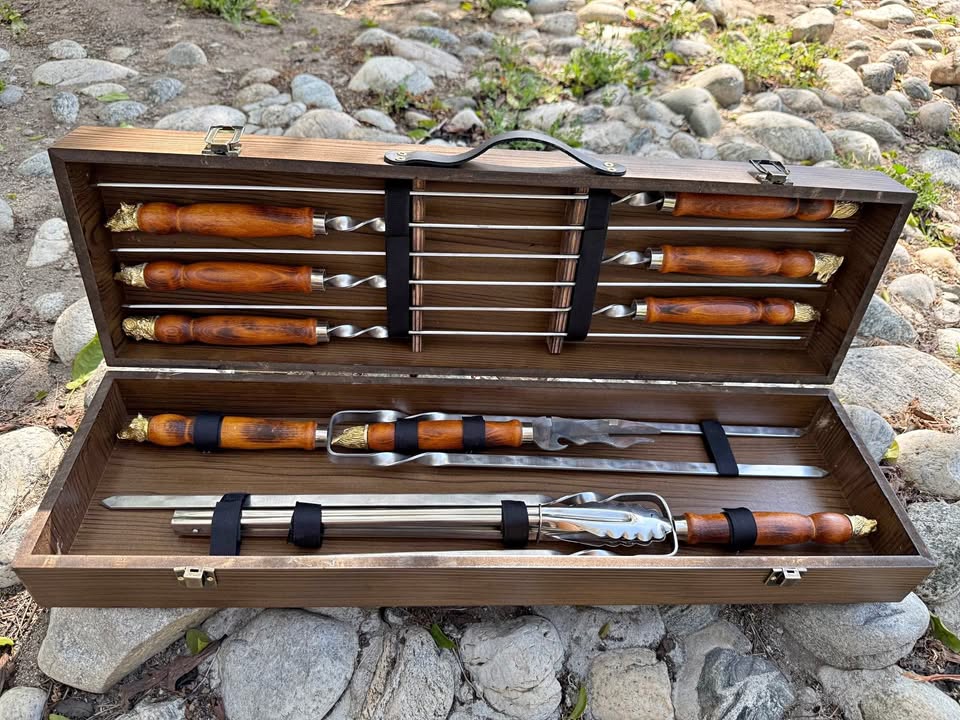 Camping Premium Accessories BBQ Skewers Set in a Wooden Case - 10 items