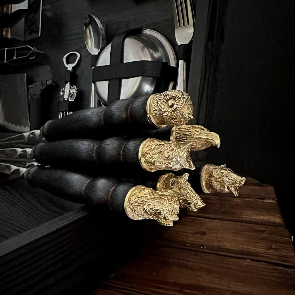 Gift Set of Skewers with Cast Metal Decor in a Wooden Case-Table “Boar”