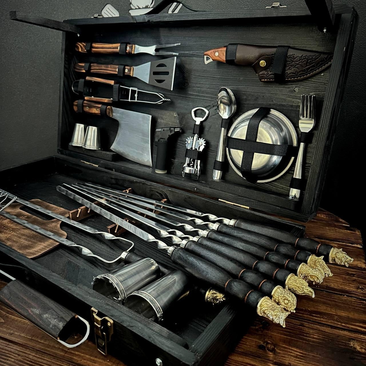Gift Set of Skewers with Cast Metal Decor in a Wooden Case-Table “Boar”