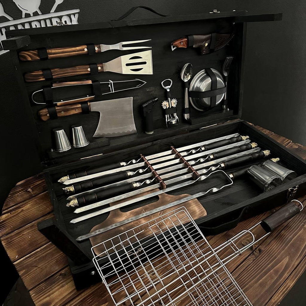 Gift Set of Skewers with Cast Metal Decor in a Wooden Case-Table “Boar”